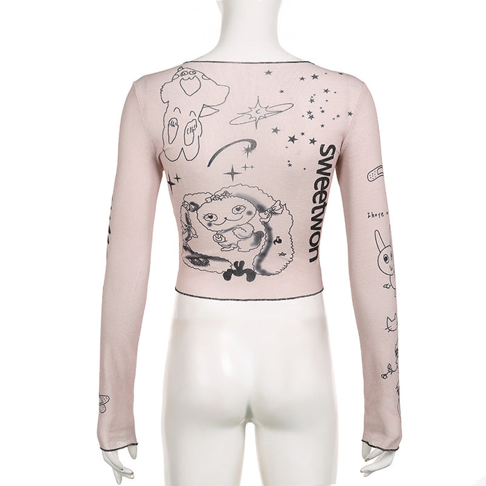 Women's Cartoon Print Mesh Long-Sleeve Top | Dopamine Dressing