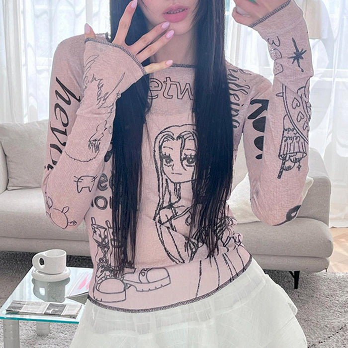 Women's Cartoon Print Mesh Long-Sleeve Top | Dopamine Dressing