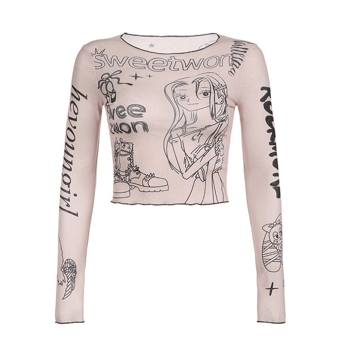 Women's Cartoon Print Mesh Long-Sleeve Top | Dopamine Dressing