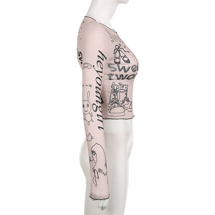 Women's Cartoon Print Mesh Long-Sleeve Top | Dopamine Dressing