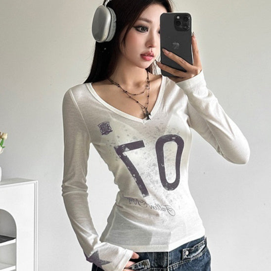 Women's Color-Block Letter Print V-Neck Long Sleeve Tee