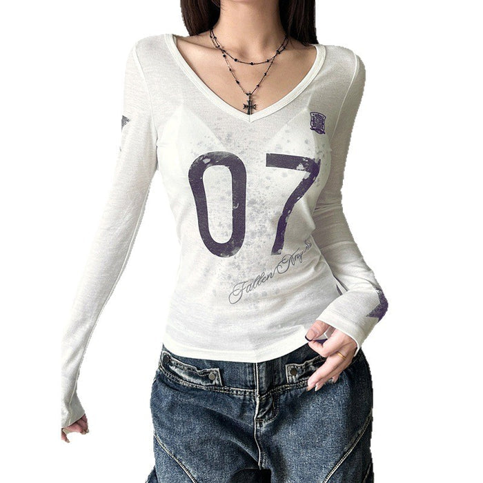 Women's Color-Block Letter Print V-Neck Long Sleeve Tee