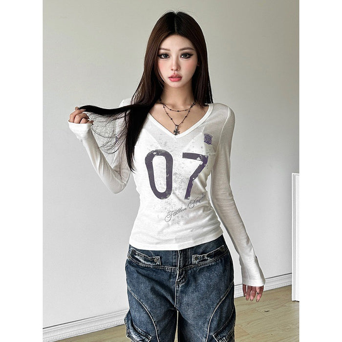 Women's Color-Block Letter Print V-Neck Long Sleeve Tee
