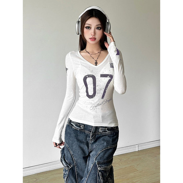 Women's Color-Block Letter Print V-Neck Long Sleeve Tee