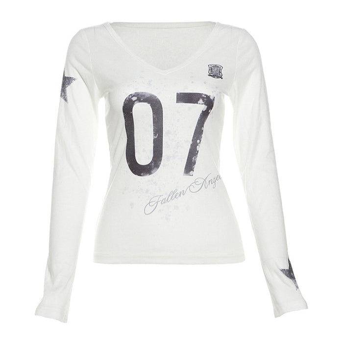 Women's Color-Block Letter Print V-Neck Long Sleeve Tee
