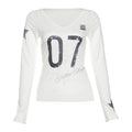 Women's Color-Block Letter Print V-Neck Long Sleeve Tee