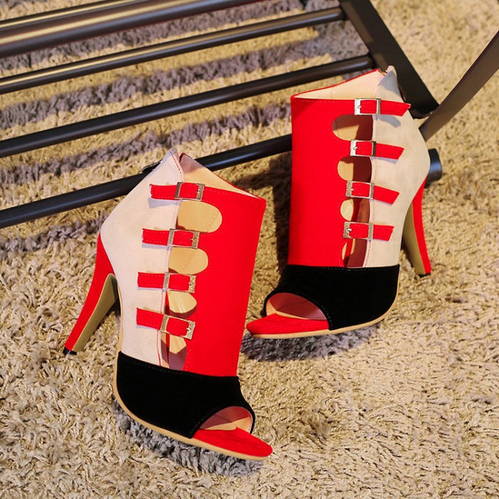 Women's Color Block Peep Toe Sandals | Belt Buckle and Back Zipper