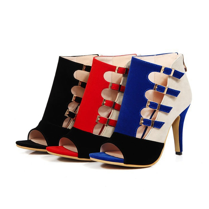 Women's Color Block Peep Toe Sandals | Belt Buckle and Back Zipper