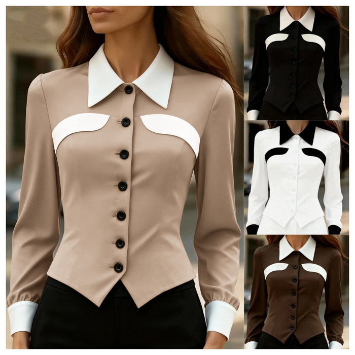 Women's Color-Block Slim-Fit Button Long Sleeve Shirt