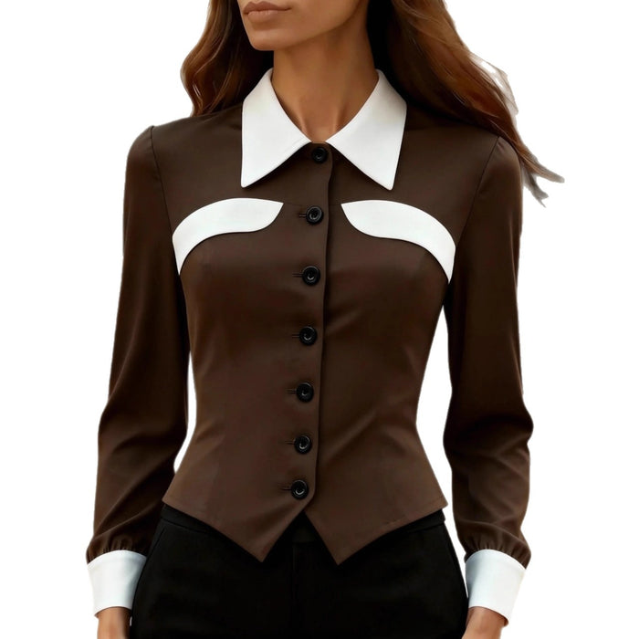 Women's Color-Block Slim-Fit Button Long Sleeve Shirt