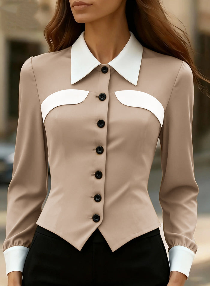 Women's Color-Block Slim-Fit Button Long Sleeve Shirt