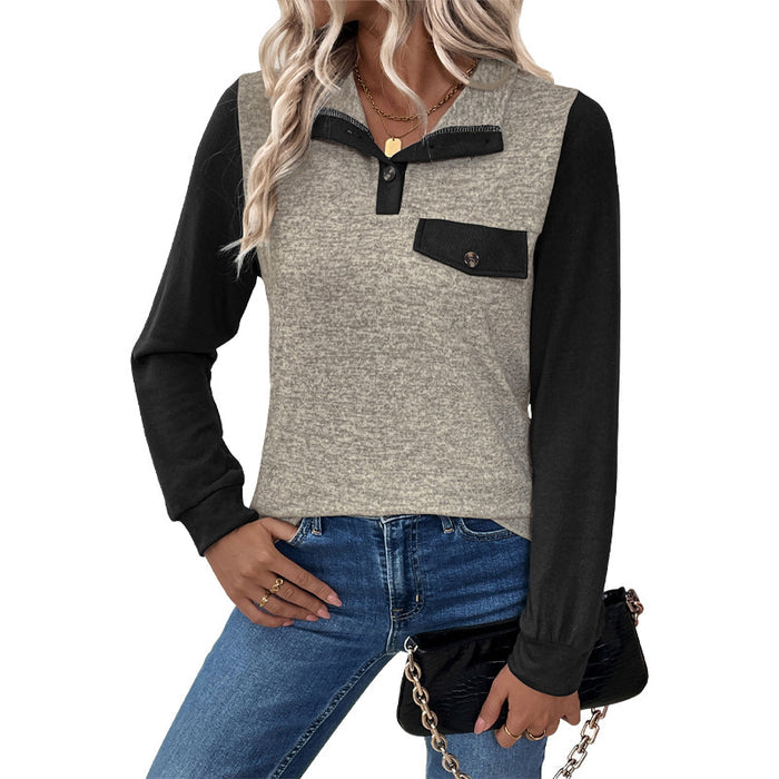 Women's Color Stitching Stand-Collar Button Cardigan