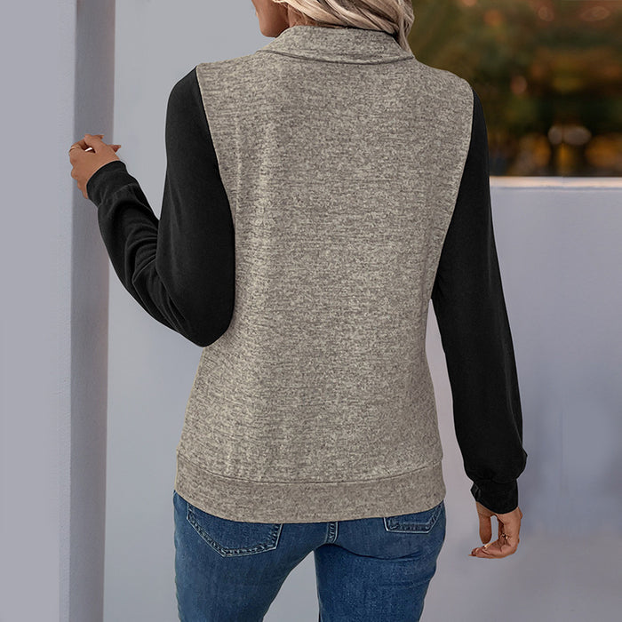 Women's Color Stitching Stand-Collar Button Cardigan