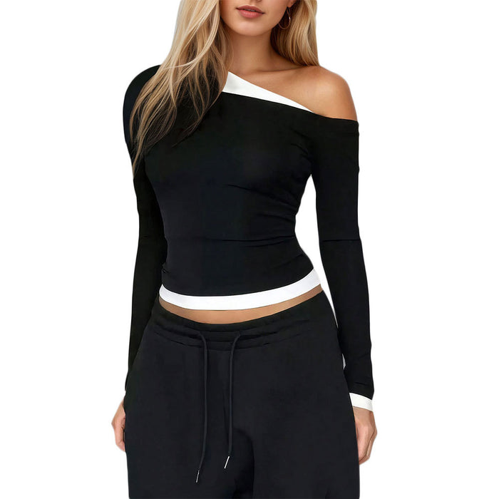 Women's Contrast Color Shoulder Long Sleeve Top