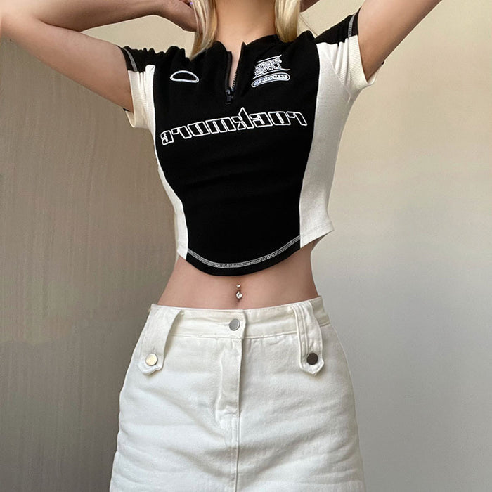 Women's Contrast Patchwork Letter-Print T-Shirt