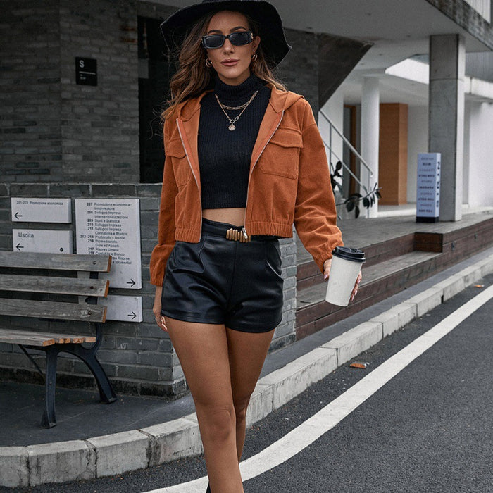 Women's Corduroy Short Hooded Pocket Jacket
