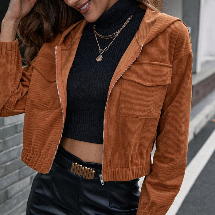 Women's Corduroy Short Hooded Pocket Jacket