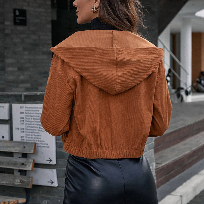 Women's Corduroy Short Hooded Pocket Jacket