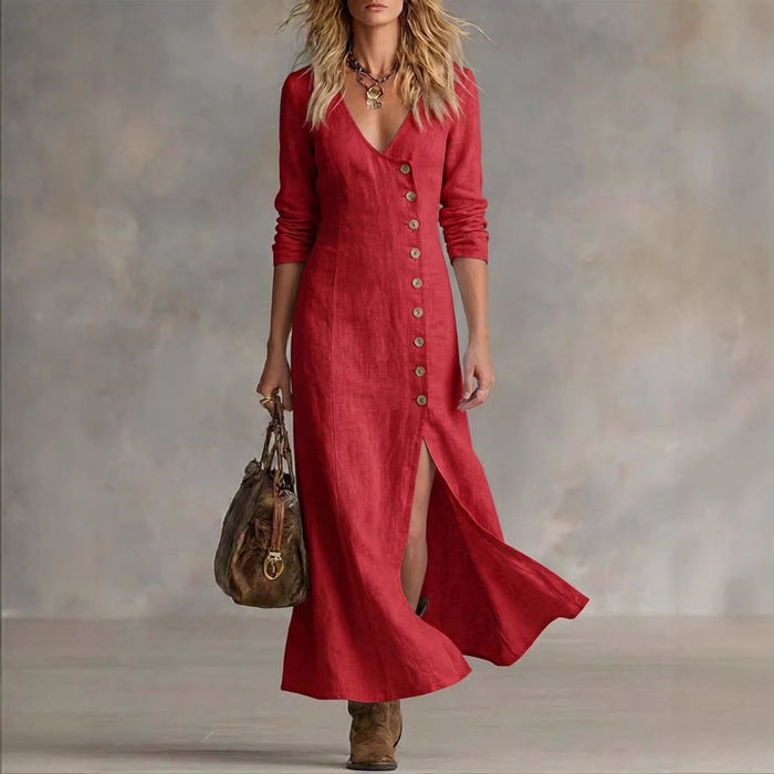 Women's Cotton-Linen Long Sleeve Dress