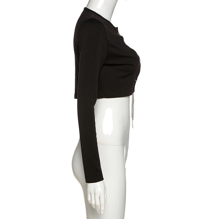 Women's Crew Neck Long Sleeve Tie Crop Slim Fit T-Shirt