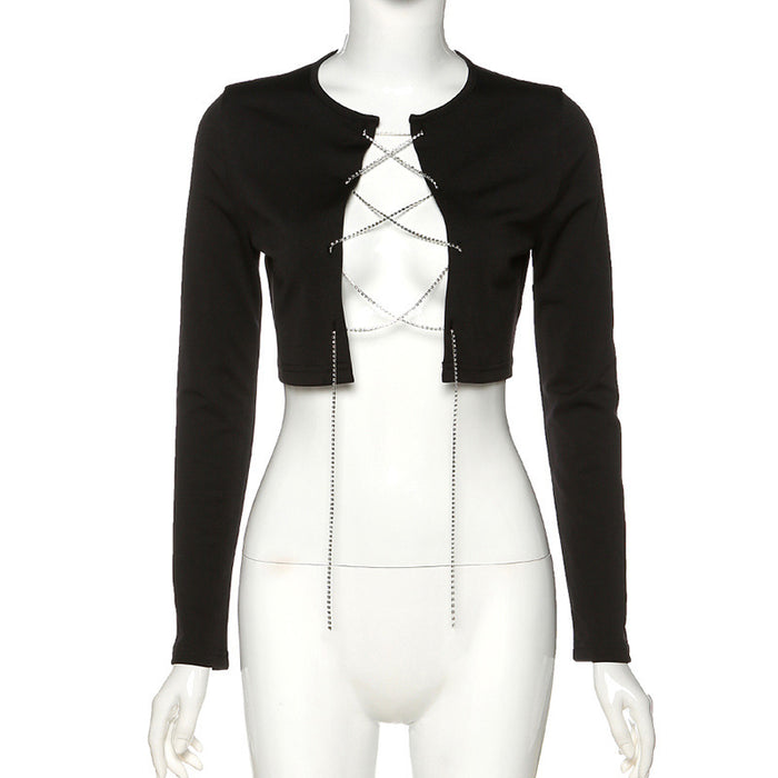 Women's Crew Neck Long Sleeve Tie Crop Slim Fit T-Shirt