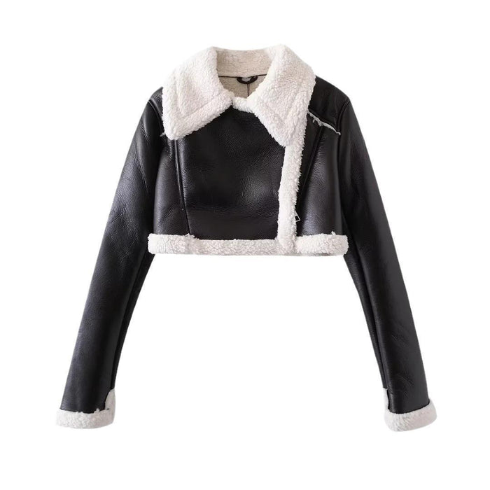 Women's Cropped Fashion Leather Biker Jacket with Fur Collar