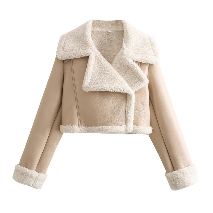 Women's Cropped Fashion Leather Biker Jacket with Fur Collar