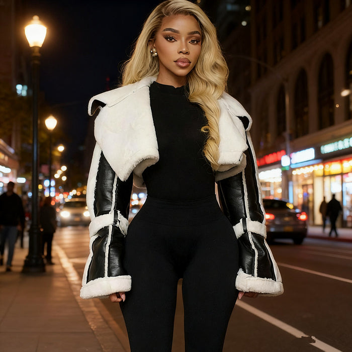 Women's Fashion Leather and Fur-Trim Short Jacket