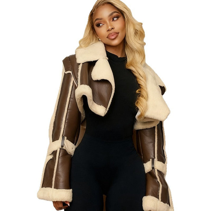 Women's Fashion Leather and Fur-Trim Short Jacket