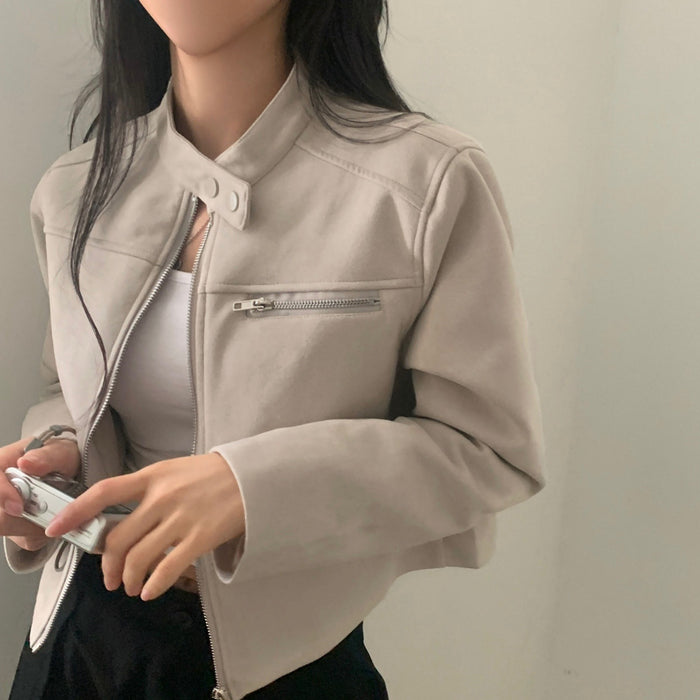 Women's High Waist Suede Moto Crop Jacket