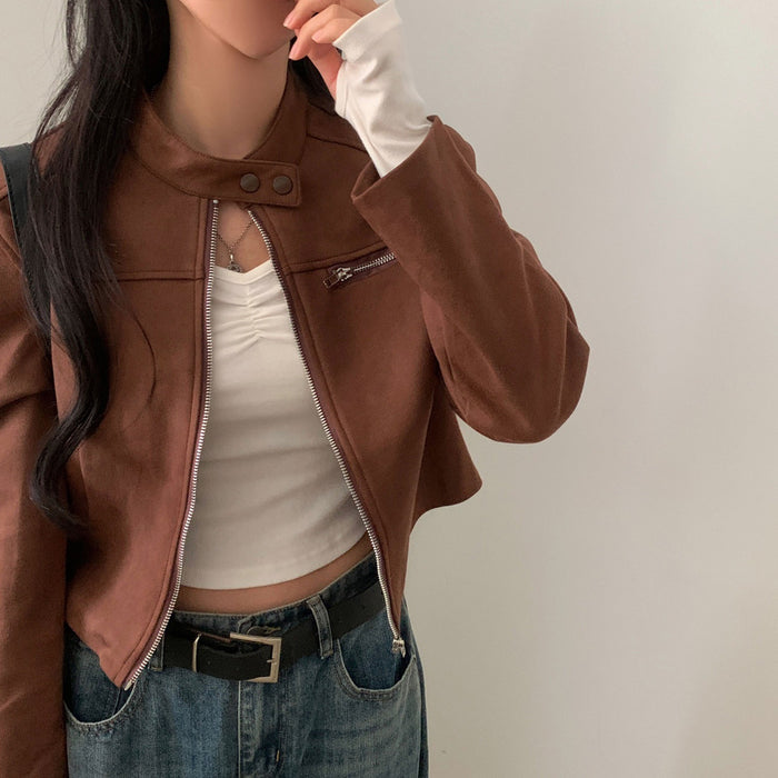 Women's High Waist Suede Moto Crop Jacket