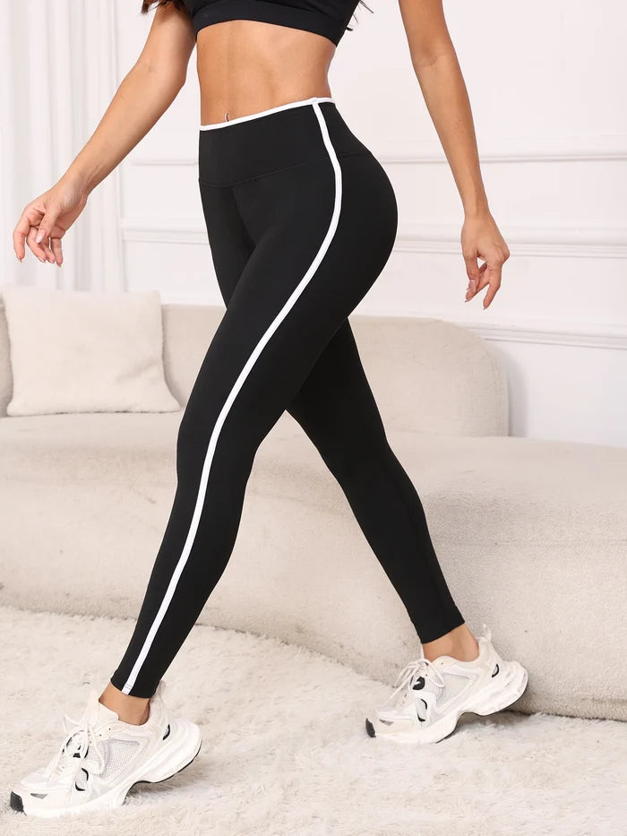 Women's High-Waist Yoga Leggings with Contrast Trim – Full Length Stretch Fit