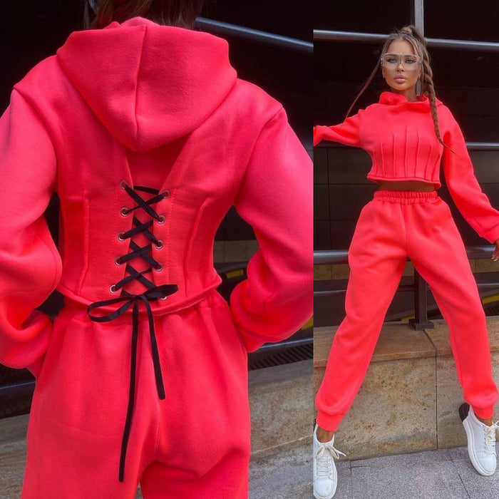 Women's Hooded Sweatshirt & Drawstring Pants Two-Piece Set
