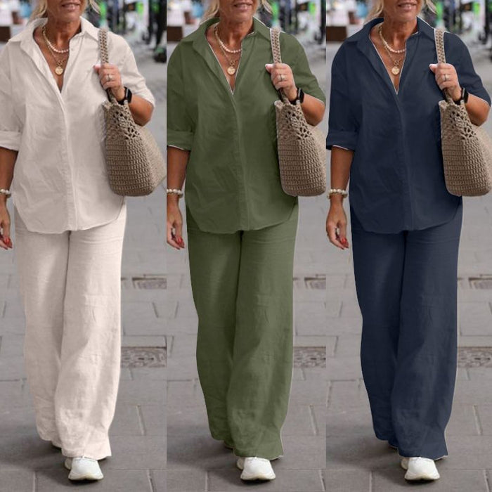 Women's Lapel-Collar Long-Sleeve Shirt & Wide-Leg Pants Set
