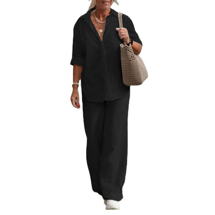 Women's Lapel-Collar Long-Sleeve Shirt & Wide-Leg Pants Set