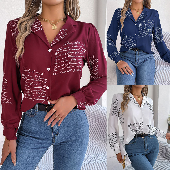 Women's Letter Print Blazer-Collar Long Sleeve Shirt | Contrast Color