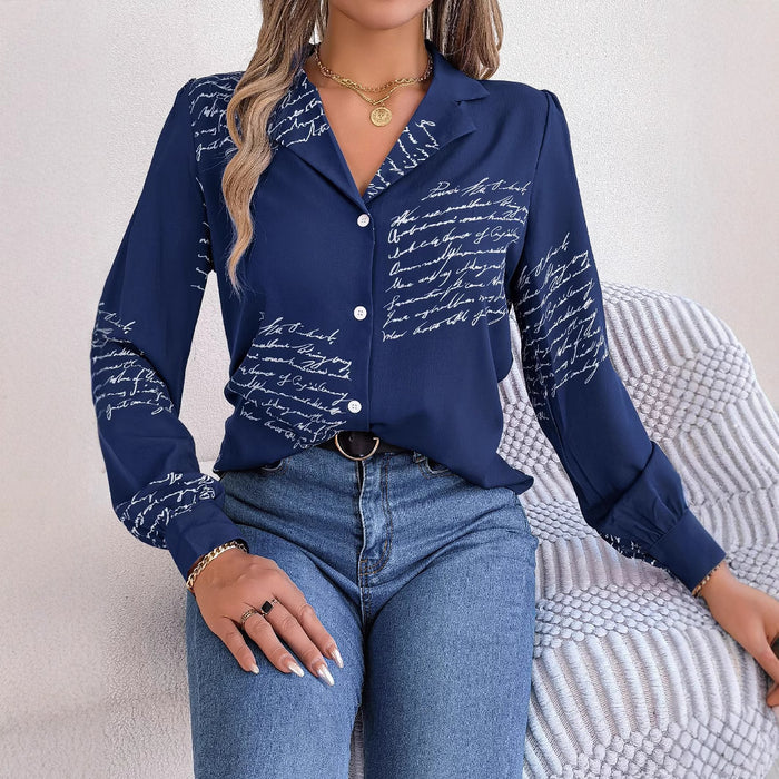 Women's Letter Print Blazer-Collar Long Sleeve Shirt | Contrast Color