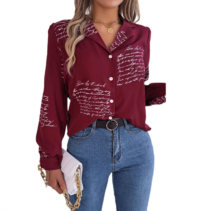 Women's Letter Print Blazer-Collar Long Sleeve Shirt | Contrast Color