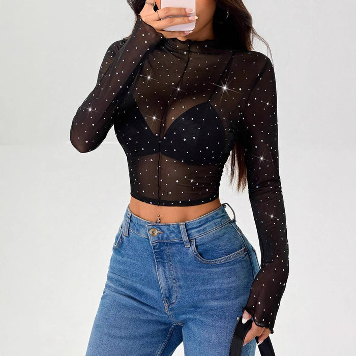 Women's Long Sleeve Sequined Mesh Sheer Top.