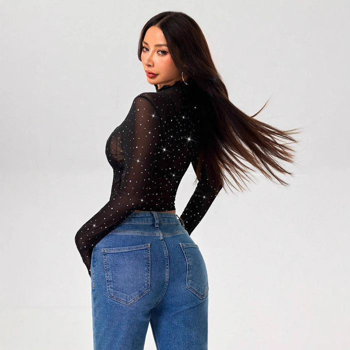 Women's Long Sleeve Sequined Mesh Sheer Top.
