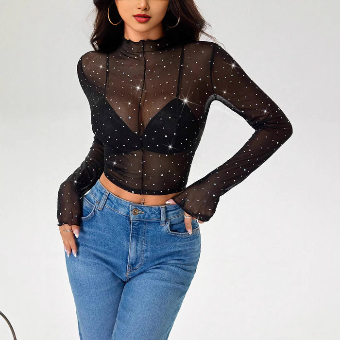 Women's Long Sleeve Sequined Mesh Sheer Top.