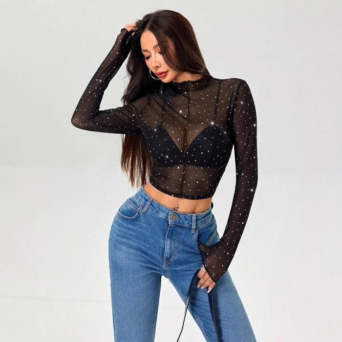 Women's Long Sleeve Sequined Mesh Sheer Top.