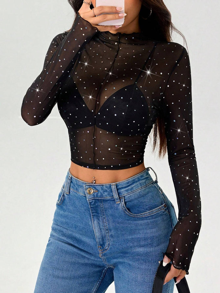 Women's Long Sleeve Sequined Mesh Sheer Top.