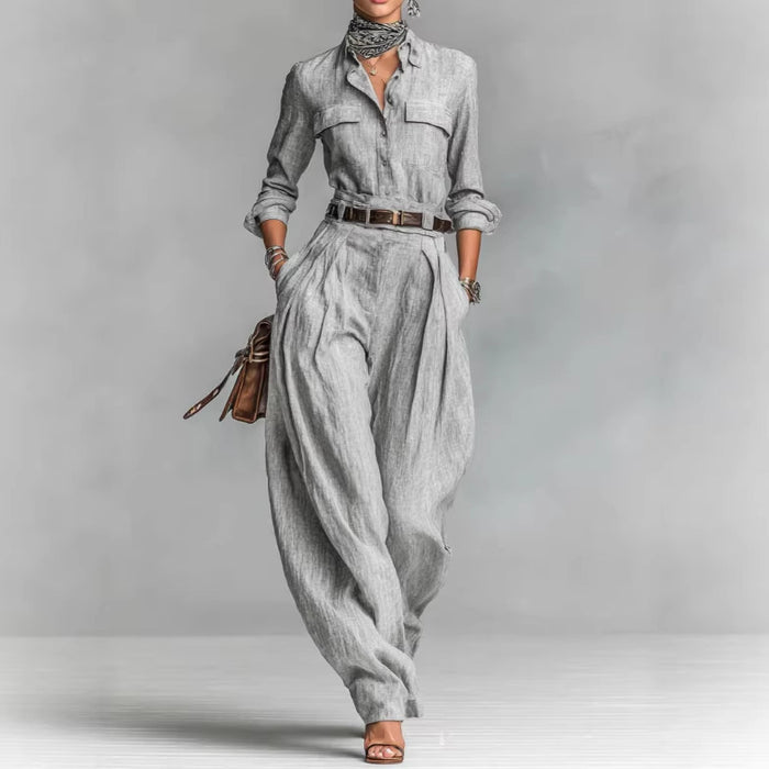 Women's Long-Sleeve Shirt & Wide-Leg Trousers Set
