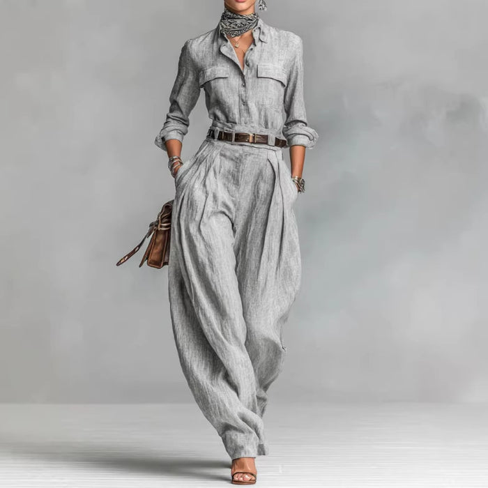 Women's Long-Sleeve Shirt & Wide-Leg Trousers Set