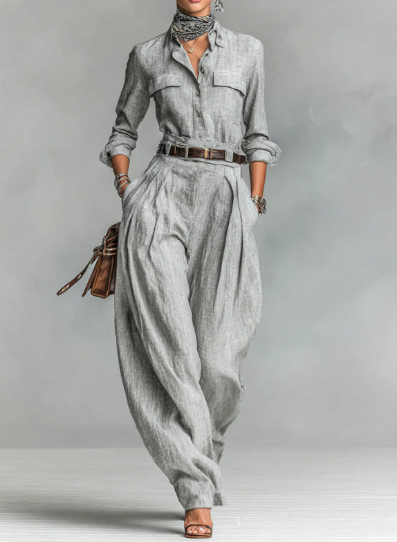 Women's Long-Sleeve Shirt & Wide-Leg Trousers Set