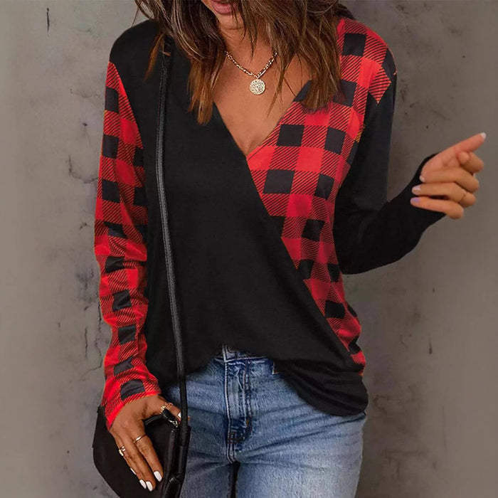 Women's Plaid Contrast-Color Long Sleeve Top | V-Neck Princess Sleeve