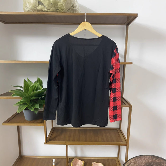 Women's Plaid Contrast-Color Long Sleeve Top | V-Neck Princess Sleeve