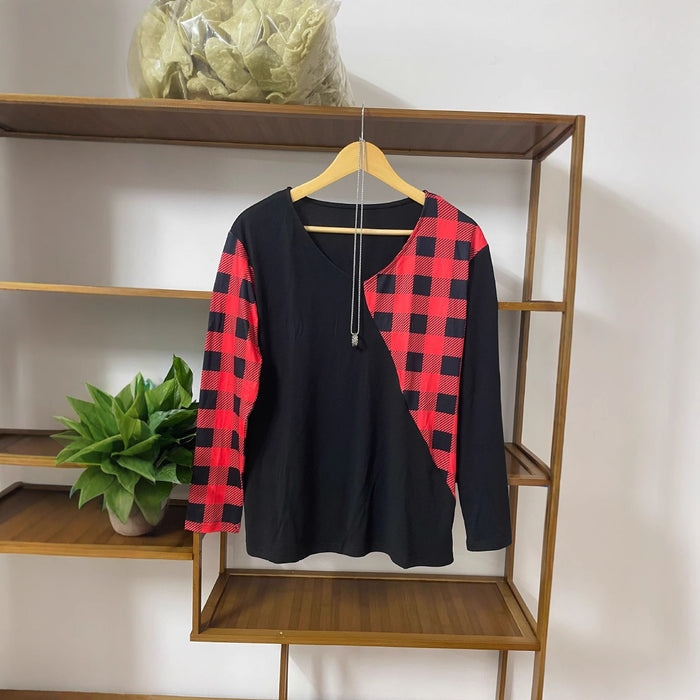 Women's Plaid Contrast-Color Long Sleeve Top | V-Neck Princess Sleeve