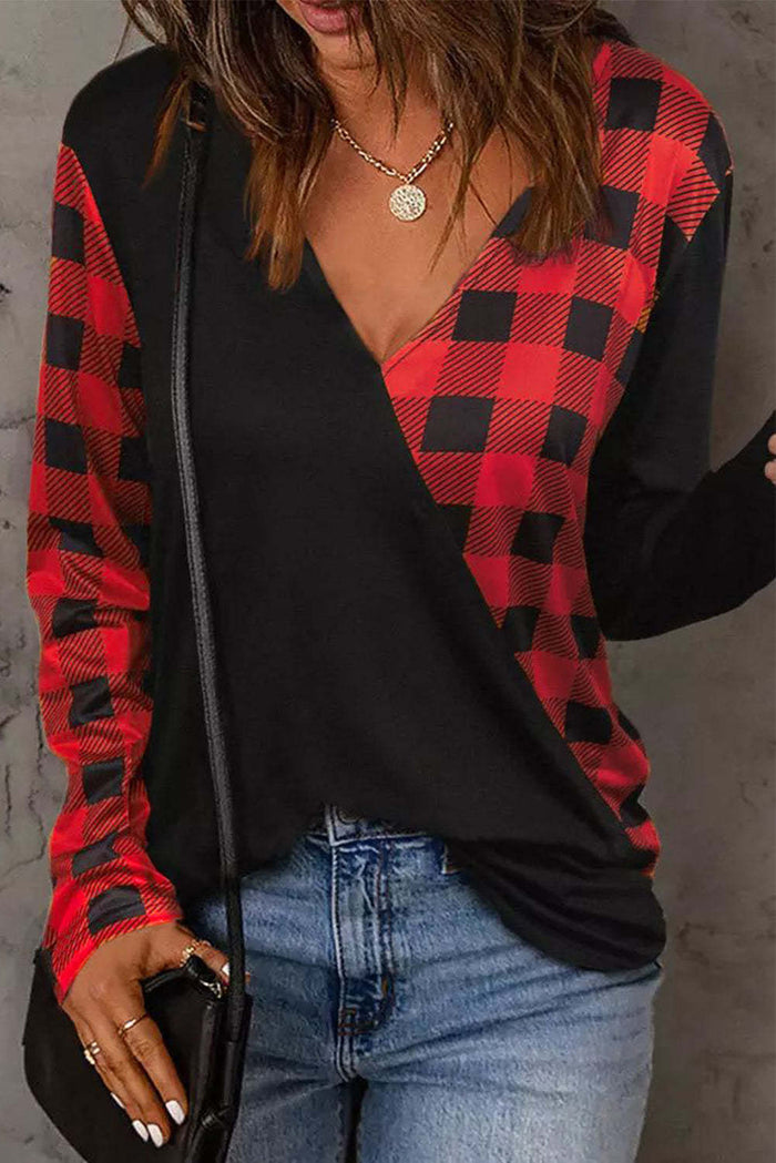 Women's Plaid Contrast-Color Long Sleeve Top | V-Neck Princess Sleeve